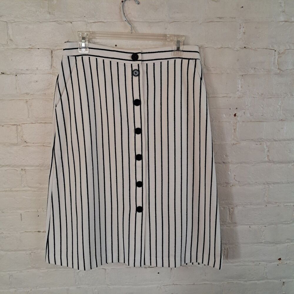 TALBOTS heron stripe button down skirt size 8 Womens Career Casual Cream Black